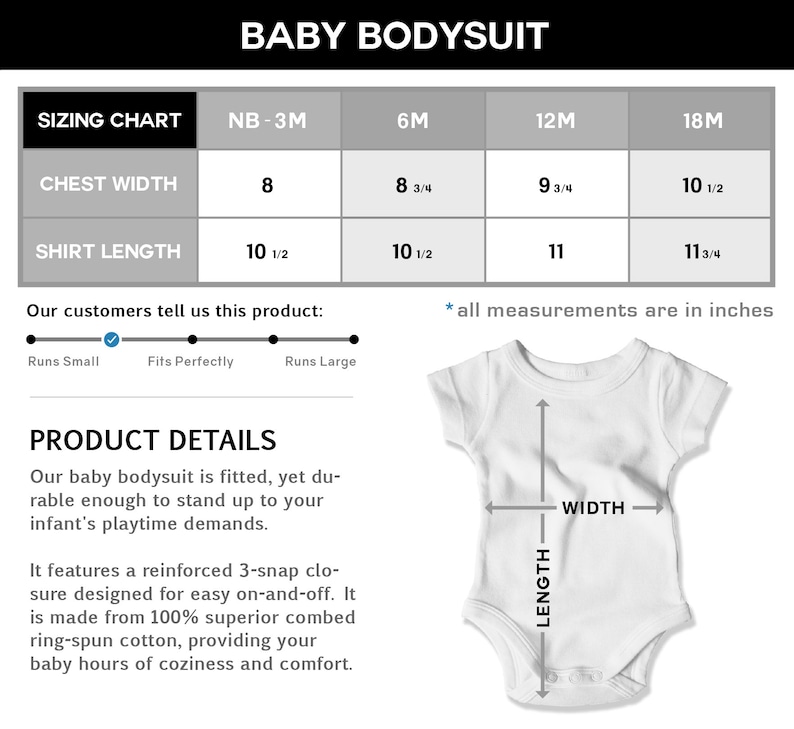 May include: A white baby bodysuit with a sizing chart showing chest width and shirt length measurements in inches for different sizes: newborn to 3 months, 6 months, 12 months, and 18 months.