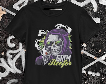 Grim Reaper Halloween Shirt, Grim Reefer Smoking Weed Tee, Stoned to Death Cannabis T-Shirt, Spooky 420 Marijuana Gift, Halloween Weed Shirt