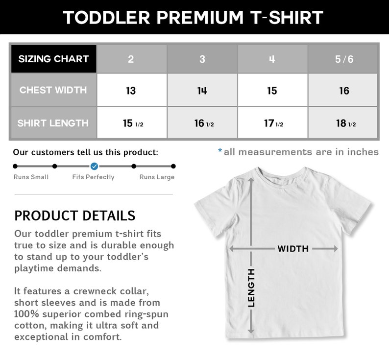 May include: A sizing chart for toddler premium t-shirts with measurements in inches for chest width and shirt length. The chart shows sizes 2, 3, 4, and 5/6. A white t-shirt with a crew neck and short sleeves is shown with measurements for length and width.