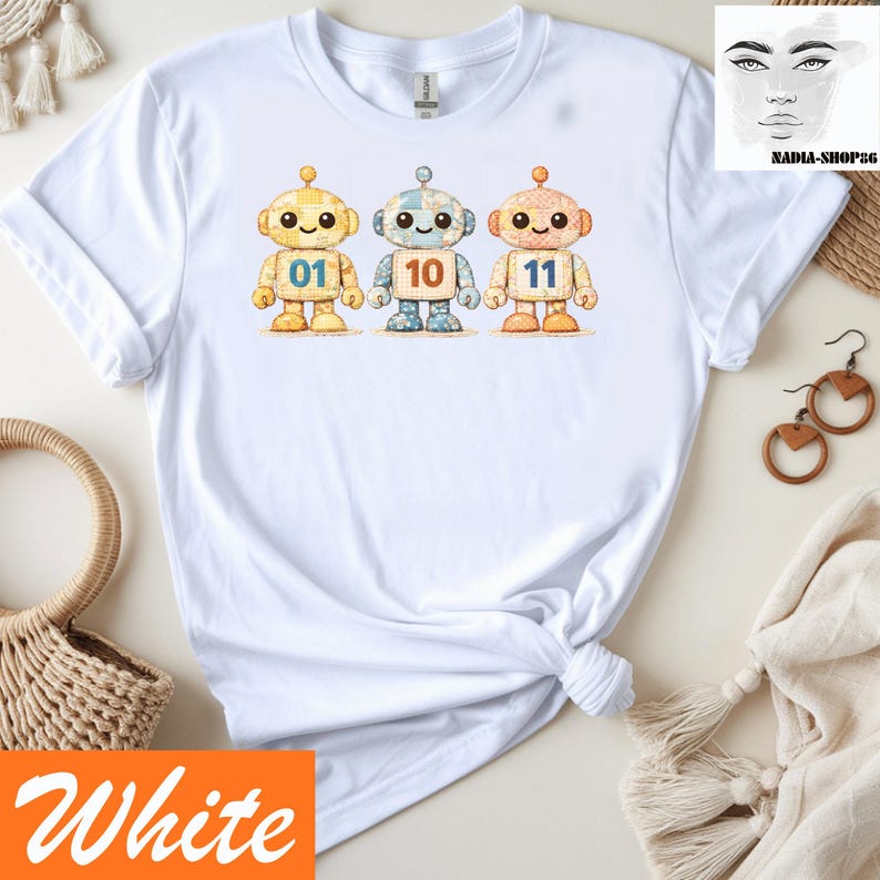 01 10 11 Robot Patchwork Programming Shirt, Binary Code Geek Tee, Survivor Coding Humor Tee, Computer Science Gift, Software Developer image 1