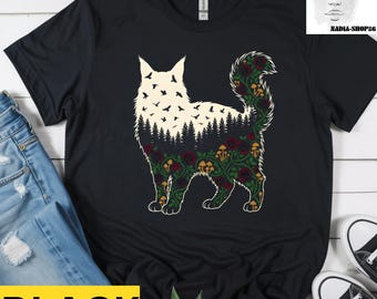 Boho Floral Cat Forest Silhouette T-Shirt, Cottagecore Cat Lover Gift, Nature Wildflower Mushroom Graphic Tee