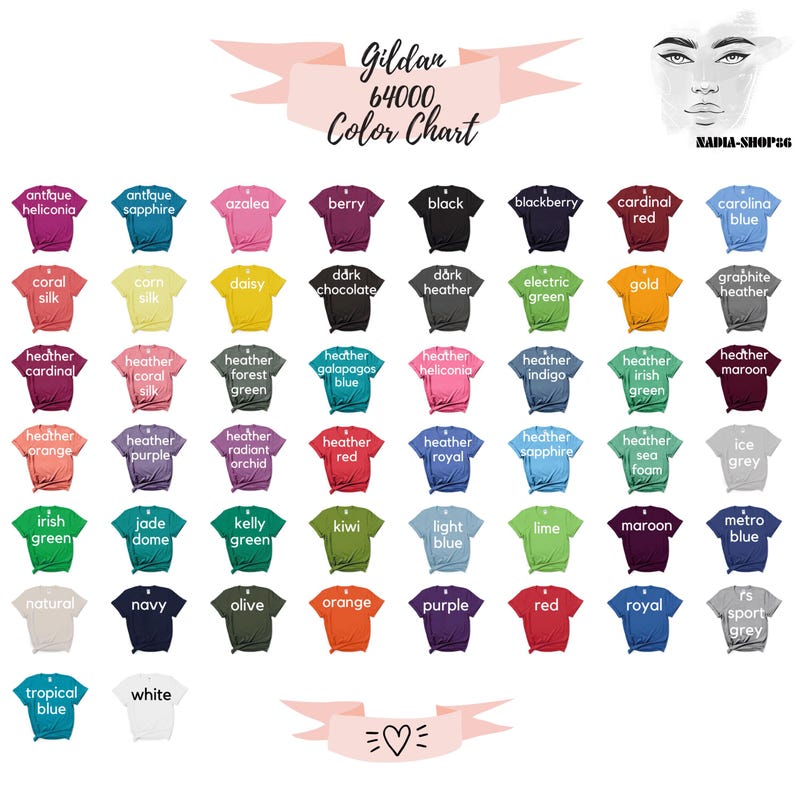 May include: A Gildan 64000 colour chart showing a range of t-shirt hues. The chart includes colours such as antique heliconia, azalea, black, and red. The image also features the text "Colour Chart" and a logo.