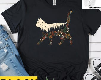 Woodland Forest Cat Silhouette Floral Nature Art T-Shirt, Forest Cat Lover Gift, Botanical Wildlife Graphic Tee