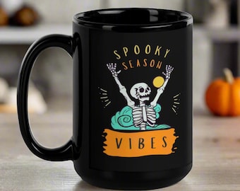 Spooky Season Vibes Halloween Mug: Black Ceramic Skeleton Coffee Cup