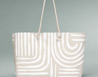 Borsa tote da weekend oversize – Grande borsa da spiaggia e da viaggio, stampa a vortice neutro, manici in corda di cotone