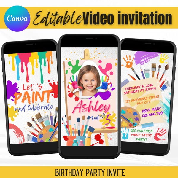 Videoinbjudan till målarfest för barnfödelsedag, animerad inbjudan med konsttema, färgglad stänk på Canva-mall, textinbjudan till smartphone