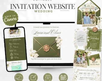May include: An editable wedding invitation website template featuring a sage green color palette with floral accents. The design includes a digital envelope with a wax seal, a countdown timer, RSVP form, and photo placeholders for a couple named Laura and Oliver.