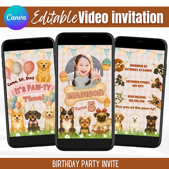 Editable Puppy Video Invitation, Kids Dog Birthday Invite, It's Paw-ty Time, Cute Animals Animated Invite, Mobile Text Canva Template