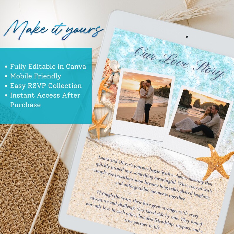May include: A digital wedding invitation template displayed on a tablet screen featuring the text Our Love Story, two polaroid-style photos of a couple on a beach, sandy textures, starfish, and the text Make it yours with editable features.
