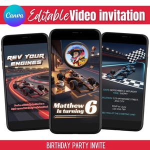 Puede incluir: Tres teléfonos inteligentes que muestran una invitación a una fiesta de cumpleaños con temática de carreras de coches. Las invitaciones presentan coches de carreras, pistas de carreras y el texto "Rev Your Engines", "Matthew Is turning 6" y detalles de la fiesta. El banner superior dice "Editable Video invitation."