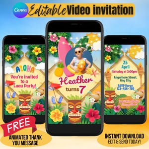 Animierte Luau Einladung zum Geburtstag | Tropisches Tiki-Party-Video einladen | Bearbeitbare digitale Canva-Vorlage | Sommer Hawaii Motiv