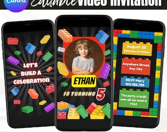Building Blocks Birthday Video Invitation – Animated Digital Invite for Boy – Editable Canva Template – Party Bricks Electronic Download