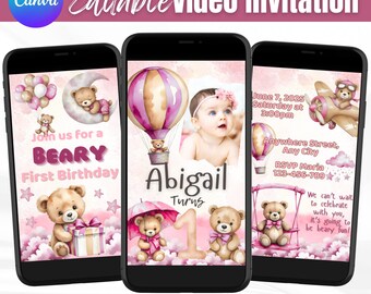 Pink Bear Birthday Video Invitation, Beary First Birthday Girl, Hot Air Balloon Theme, Animated Photo Invite, Editable Canva Template