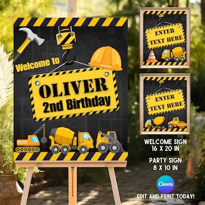 Puede incluir: Un letrero de fiesta de cumpleaños con temática de construcción con el texto "Welcome to OLIVER 2nd Birthday". El letrero presenta rayas de peligro amarillas y negras, vehículos de construcción y un casco. Se incluyen letreros adicionales.