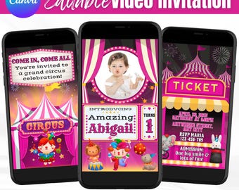 Roze circus video-verjaardagsuitnodiging, carnaval themafeest, geanimeerde meisje uitnodiging, bewerkbare canvas sjabloon, mobiele telefoon uitnodiging