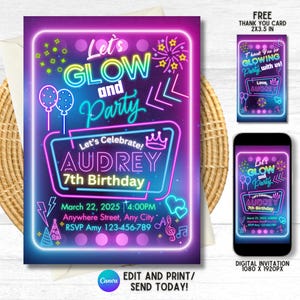 Neon Glow Party Birthday Invitation: Editable Canva Template (Digital Download)