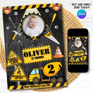 Puede incluir: Invitación de cumpleaños con temática de construcción con una foto de un bebé. El diseño incluye herramientas de construcción, un camión de cemento y el texto "OLIVER IS TURNING". La invitación es amarilla, negra y gris, con el texto "EDIT AND PRINT/ SEND TODAY!" y "Canva".