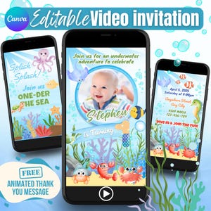 Invito video per compleanno Oneder the Sea / Invito digitale animato con animali dell'oceano sotto il mare / Modello Canva per festa per bambini