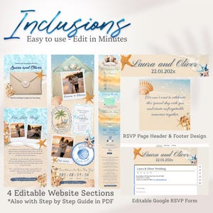May include: A digital wedding website template set featuring a beach theme with sand, ocean waves, seashells, and starfish. The design includes editable sections for love stories, event details, RSVP forms, and countdown timers with text for Laura and Oliver.