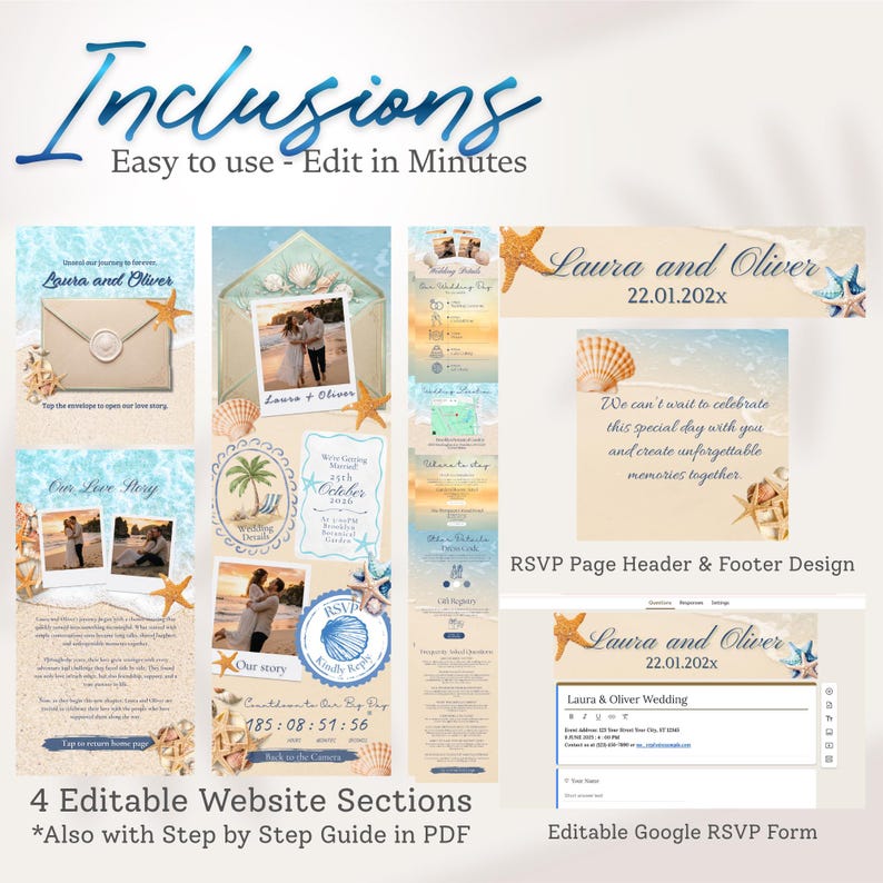 May include: A digital wedding website template set featuring a beach theme with sand, ocean waves, seashells, and starfish. The design includes editable sections for love stories, event details, RSVP forms, and countdown timers with text for Laura and Oliver.
