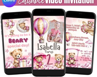 Teddy Bear Birthday Video Invitation, Editable Beary Special Pink Girl Party Invite, Canva Template, Digital Animated Birthday Phone Evite