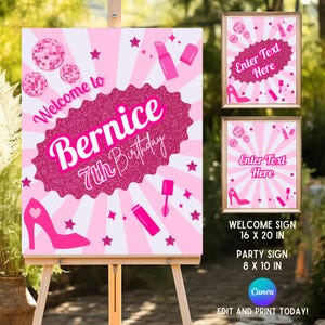 Op de afbeelding: Een roze en wit welkomstbord voor een verjaardagsfeestje op een ezel. Het bord toont de tekst "Welcome to Bernice 7th Birthday" in een glitterroze lettertype, samen met illustraties van discoballen, lippenstift en hoge hakken.