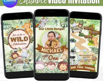 Wild One Safari Birthday Video Invitation: DIY Canva Template (Digital Download)