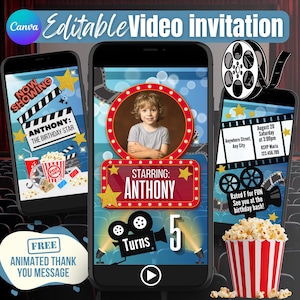 Movie Night Birthday Video Invitation | Cinema Theme Animated Party Invite | Editable Canva Template for Kids | Popcorn Movie Party Digital