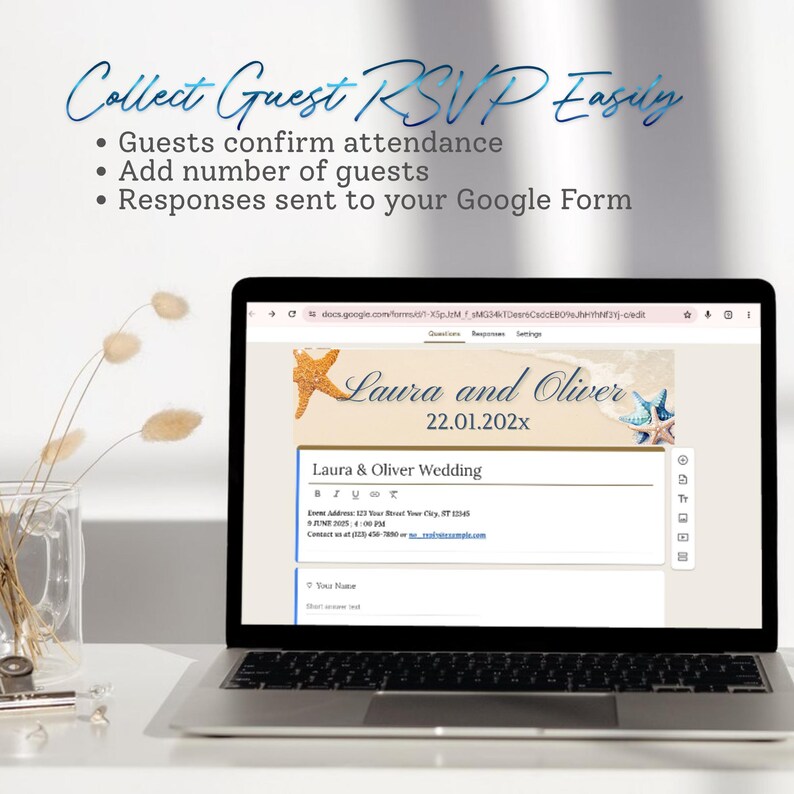 May include: A laptop screen displaying a digital wedding RSVP Google Form template with a beach theme featuring starfish graphics and the text Laura and Oliver 22.01.202x. Above the screen, text reads Collect Guest RSVP Easily.
