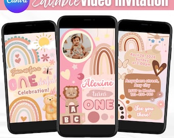 Editable Boho Rainbow Video Invitation, Onederful Party Theme, 1st Birthday Girl Invite, Animated Pastel Digital Template, Canva Invite