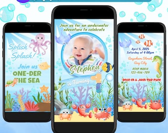 Under the Sea 1st Birthday Video Invitation With Photo | Editable Canva Animated Invite | One Der the Sea Ocean Party Invite