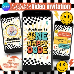 One Happy Dude Birthday Video Invitation, Retro Smiley Face Animated Digital Invite, 1st Birthday Party Canva Template for Boys