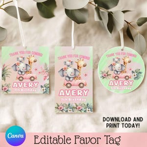 Safari Girl Birthday Favor Tags: Pink Jungle Theme (Editable Canva Template, Digital Download)
