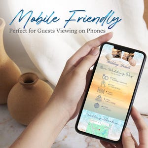May include: A smartphone displaying a digital wedding invitation with a beach theme, featuring text that reads Wedding Details, Our Wedding Day, and Wedding Location, alongside icons for a ceremony, cocktail hour, dinner, cake cutting, and party.