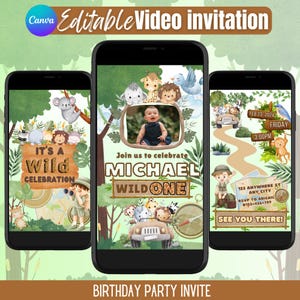 May include: Three smartphones showing a jungle-themed birthday party invitation. The design includes a baby's photo, animal illustrations, and the text "It's a Wild Celebration" and "Birthday Party Invite". The invitation is editable.