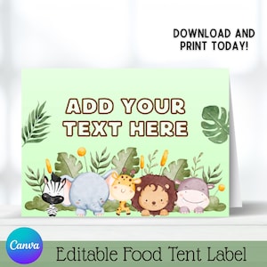 Safari Jungle Animals Place Card Template: Kids Birthday Party Food Tent Card (Digital Download)