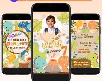 Dinosaur Birthday Invitation Video Boy | Dino Party Cute Animals Animated Invite | Editable Canva Template | Kids Birthday Invite Photo