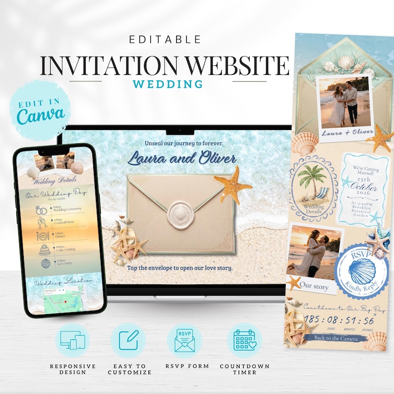 May include: An editable wedding invitation website template displayed on a laptop and smartphone screen. The design features a beach theme with seashells, starfish, and sand. Text includes "Laura and Oliver," "Unseal our journey to forever," and "Tap the envelope to open our love story," along with event details and a countdown timer.