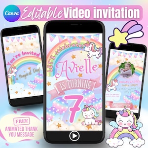 Pastel Unicorn Rainbow Birthday Video Invitation | Animated Girl Party Invite | Canva Template | Digital Editable Invitation