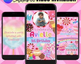 Candyland Birthday Invitation Video Girl | Sweet One Candy Party Animated Invite | Editable Canva Template | 1st Birthday Invite With Photo