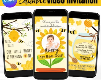 Bee Birthday Video Invitation, 1st Bee-Day Animated Digital Invite, Honey Bee Party Video, Editable Template, Instant Download