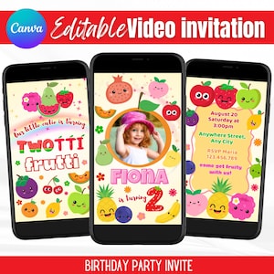トゥオッティ・フルッティの2歳の誕生日ビデオ招待状｜編集可能なCanvaテンプレート｜女の子向けフルーツテーマパーティーデジタル招待状｜即時ダウンロード