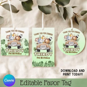 Safari Jungle Birthday Favor Tag: Editable Thank You, Canva Template (Digital Download)
