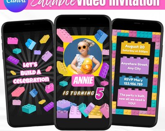 Building Blocks Birthday Video Invitation for Girls, Editable Canva Template, Colorful Brick Party Invite, Digital Kids Birthday Invite