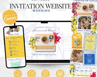 May include: An editable wedding invitation website template featuring a yellow and white color scheme with illustrations of lemons, flowers, and a camera. The design includes text such as "Wedding Details," "RSVP," and "Captured Moments, A lifetime of Love."