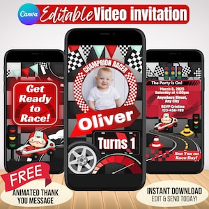 Editable Race Car Birthday Video Invitation: Animated Party Invite (Instant Download)