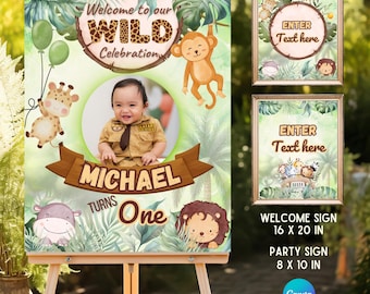 Safari-welkomstbord, Safari-verjaardagsbord, junglefeestdecoratie, Wild One-verjaardag, verjaardag dierentuindieren, bewerkbare sjabloon welkomstbord