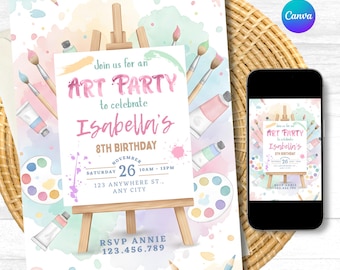 Editable Art Party Birthday Invitation for Girls | Painting Theme Kids Birthday Invite | Printable Artist Party Template | Canva Invitation