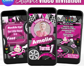 Fast One Racing Cars Girl Birthday Video Invitation, Animated Digital Party Invite, Race Car Canva Template, Editable Download