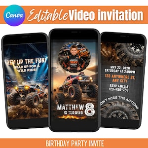 May include: Three smartphones displaying a monster truck birthday party invitation. The invitation features a child's photo, monster trucks, and event details. Text includes "Rev Up The Fun!" and "Don't Miss The Action!"